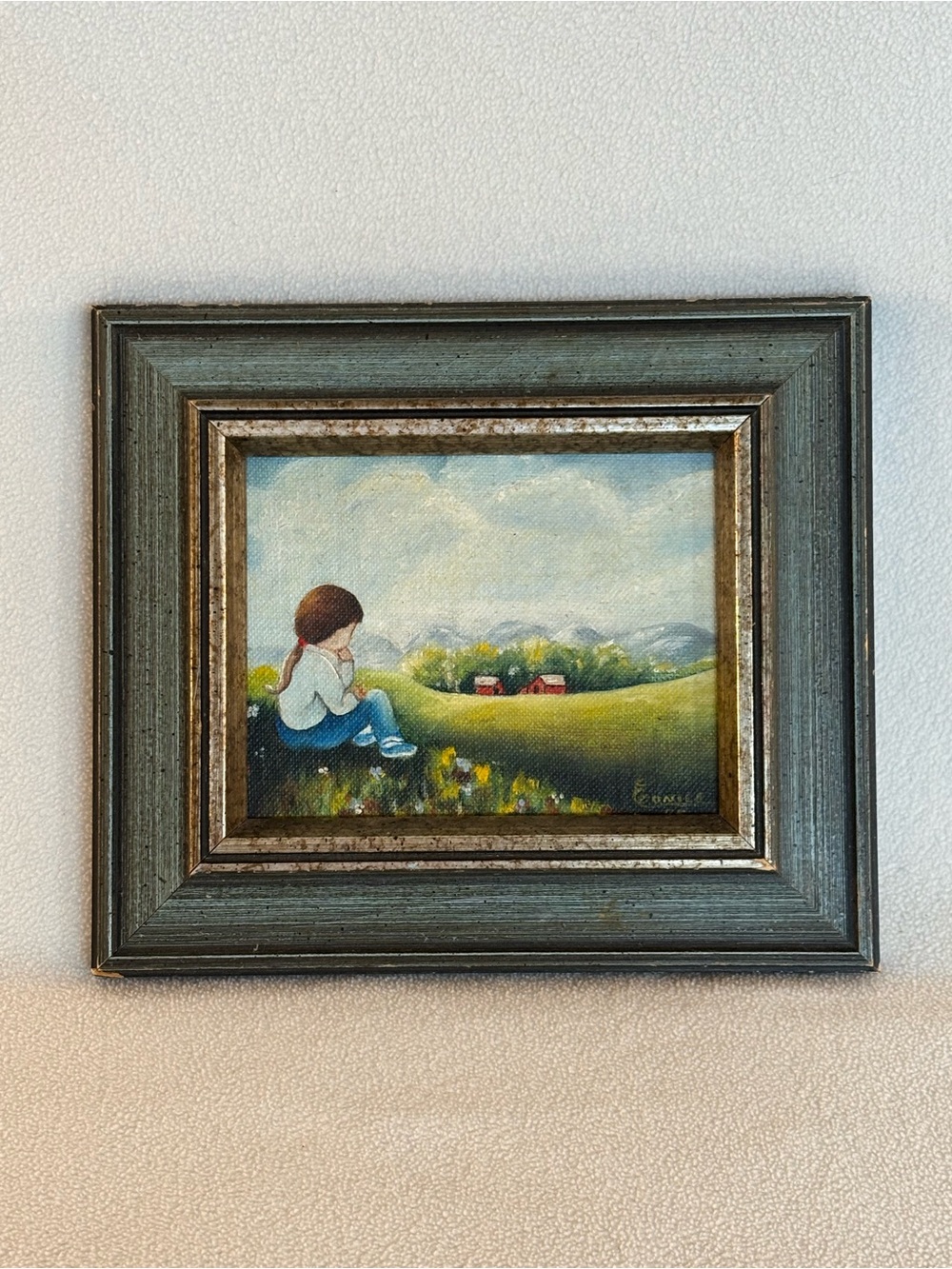 Original Signed Eunice Framed Folk Art Landscape Painting Vintage Wall Decor